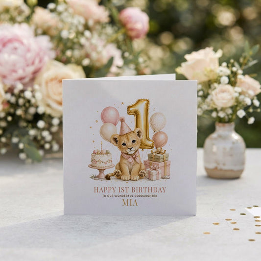 1st Birthday Lion Cub Card for Goddaughter | Personalized - Pretty Gifted