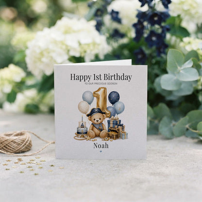 1st Birthday Pirate Bear Card for Godson | Personalized - Pretty Gifted