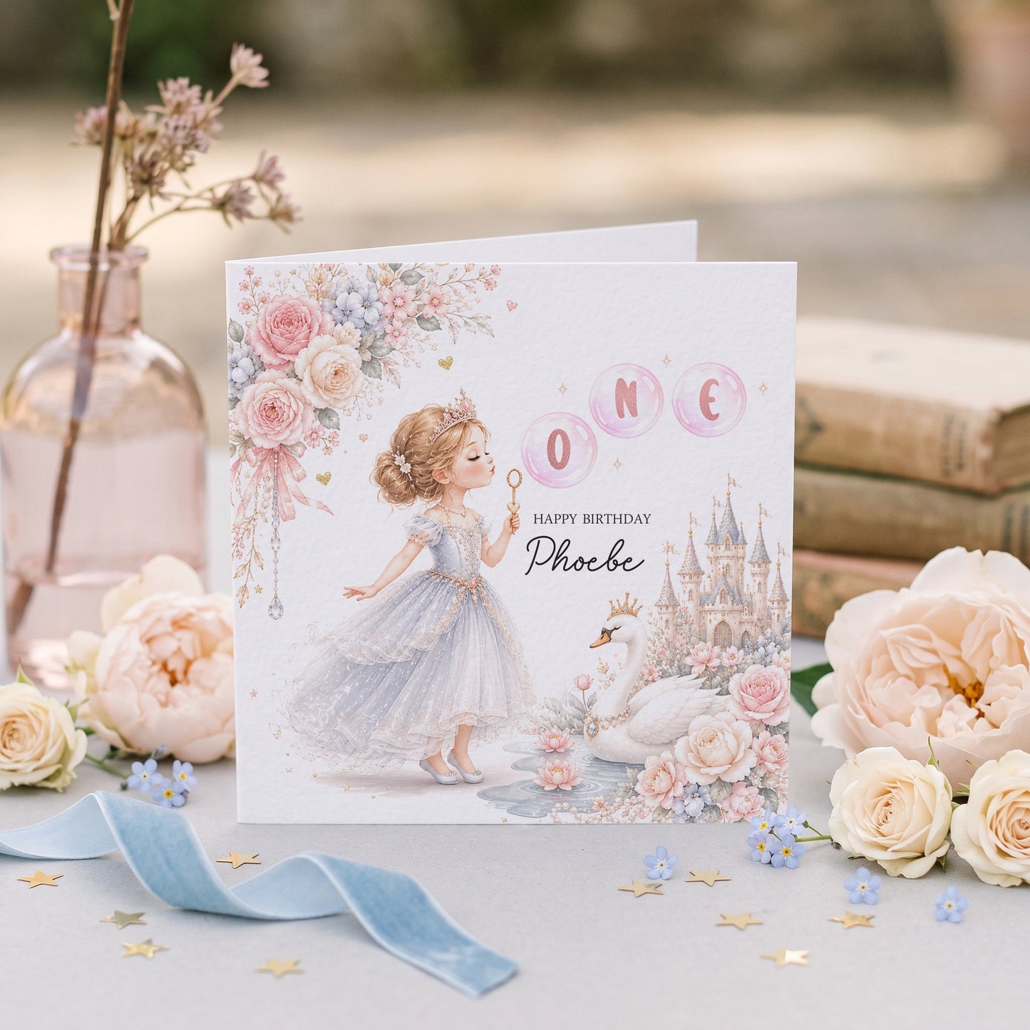 1st Birthday Swan Princess Card, Personalized Girl - Pretty Gifted