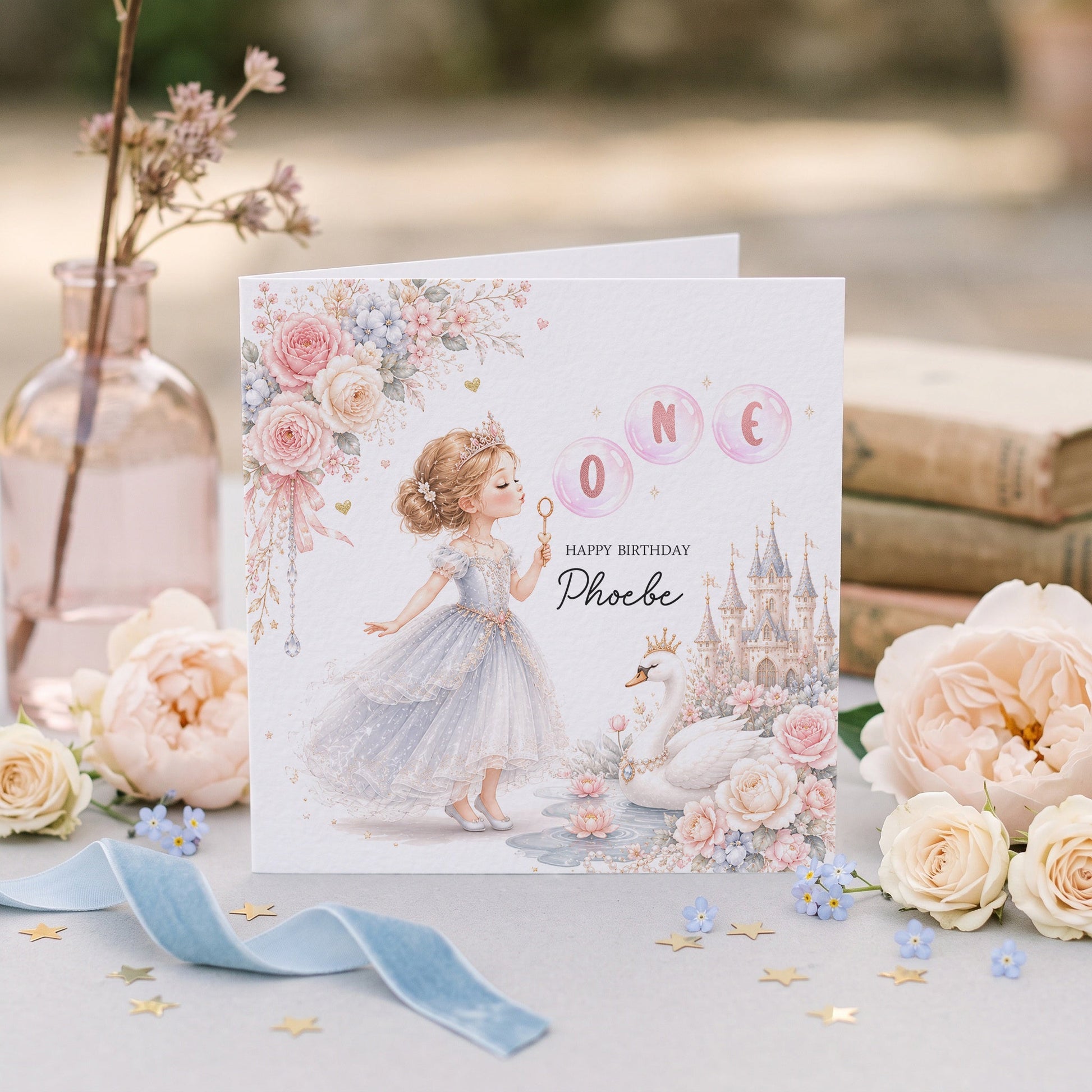 1st Birthday Swan Princess Card, Personalized Girl - Pretty Gifted
