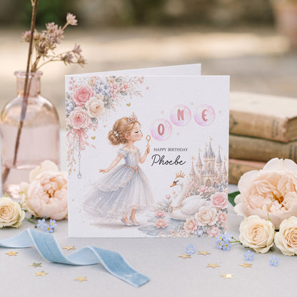 1st Birthday Swan Princess Card, Personalized Girl - Pretty Gifted