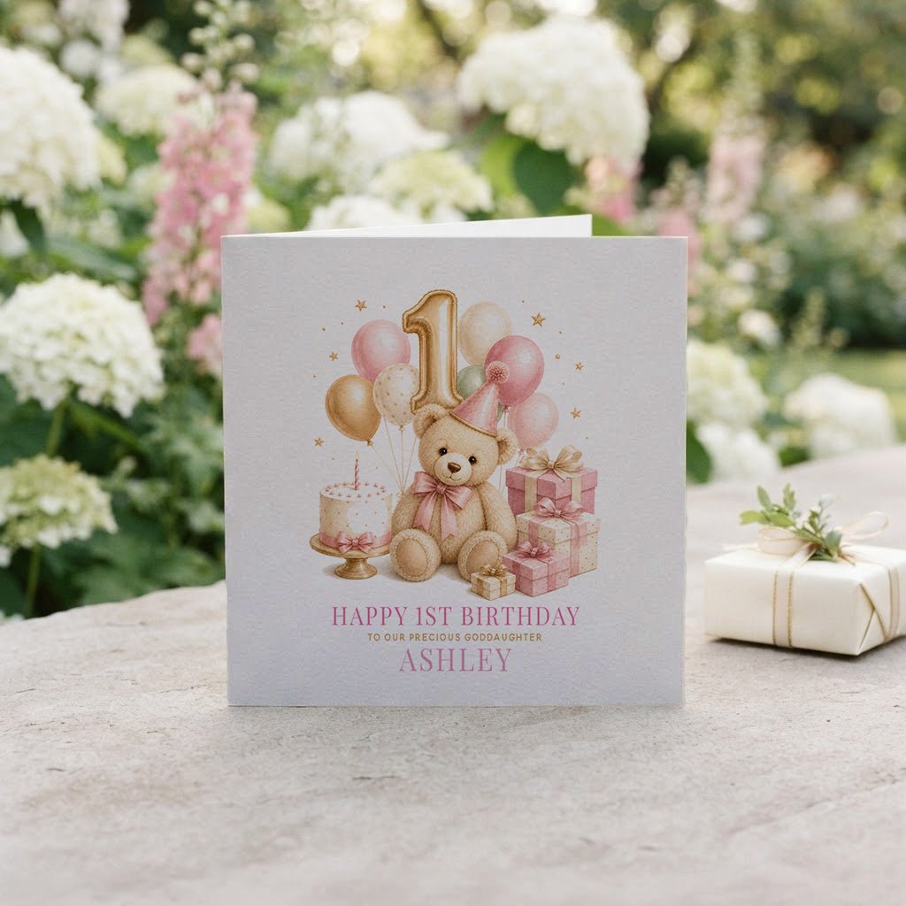 1st Birthday Teddy Bear Card for Goddaughter | Personalized - Pretty Gifted