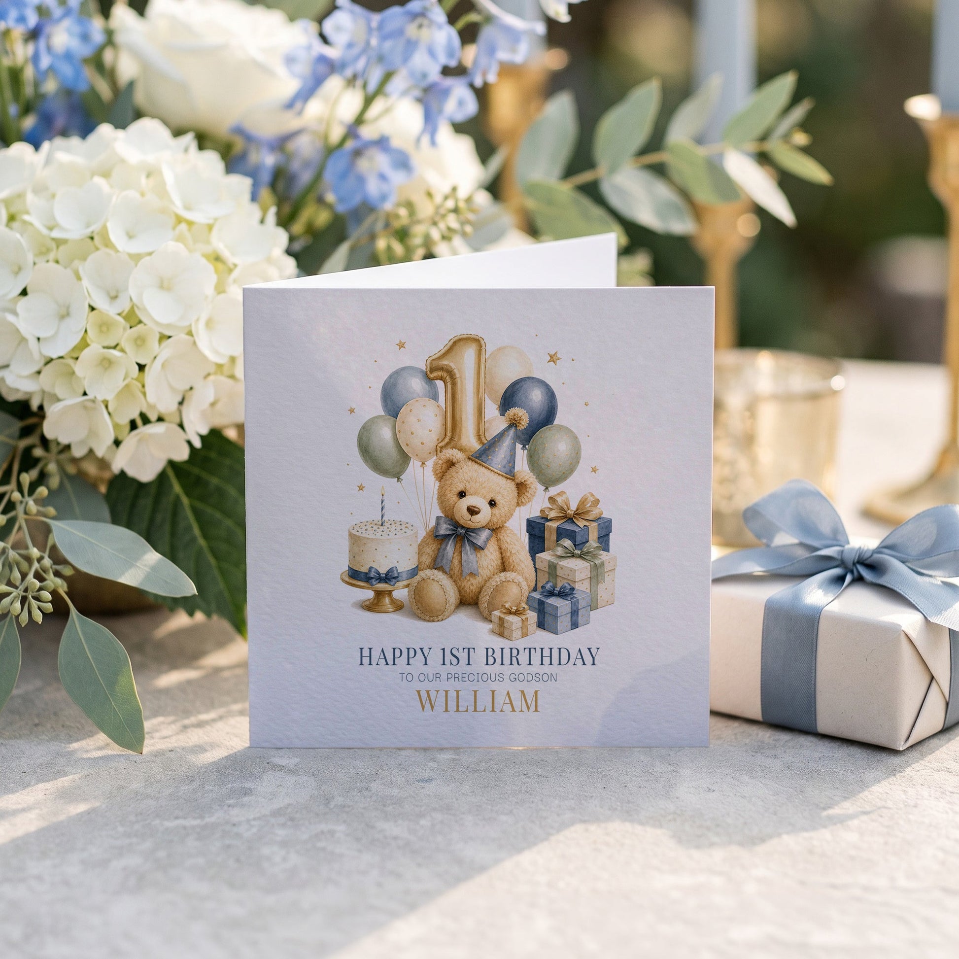 1st Birthday Teddy Bear Card for Godson | Personalized Baby - Pretty Gifted