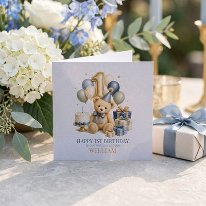 1st Birthday Teddy Bear Card for Godson | Personalized Baby - Pretty Gifted