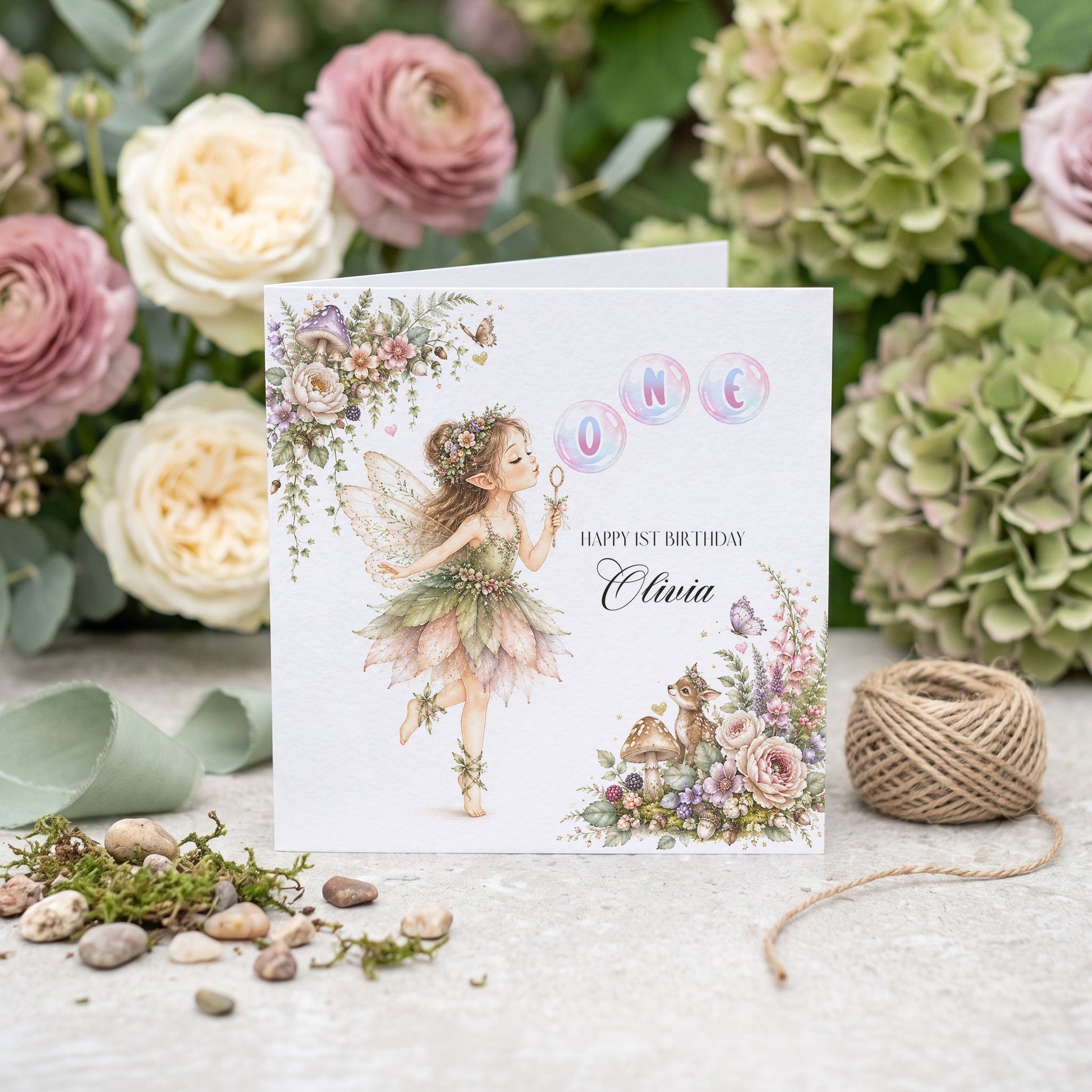 1st Birthday Woodland Fairy Card, Personalized Girl - Pretty Gifted