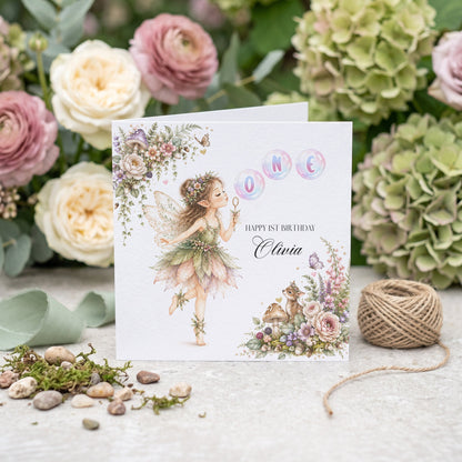 1st Birthday Woodland Fairy Card, Personalized Girl - Pretty Gifted