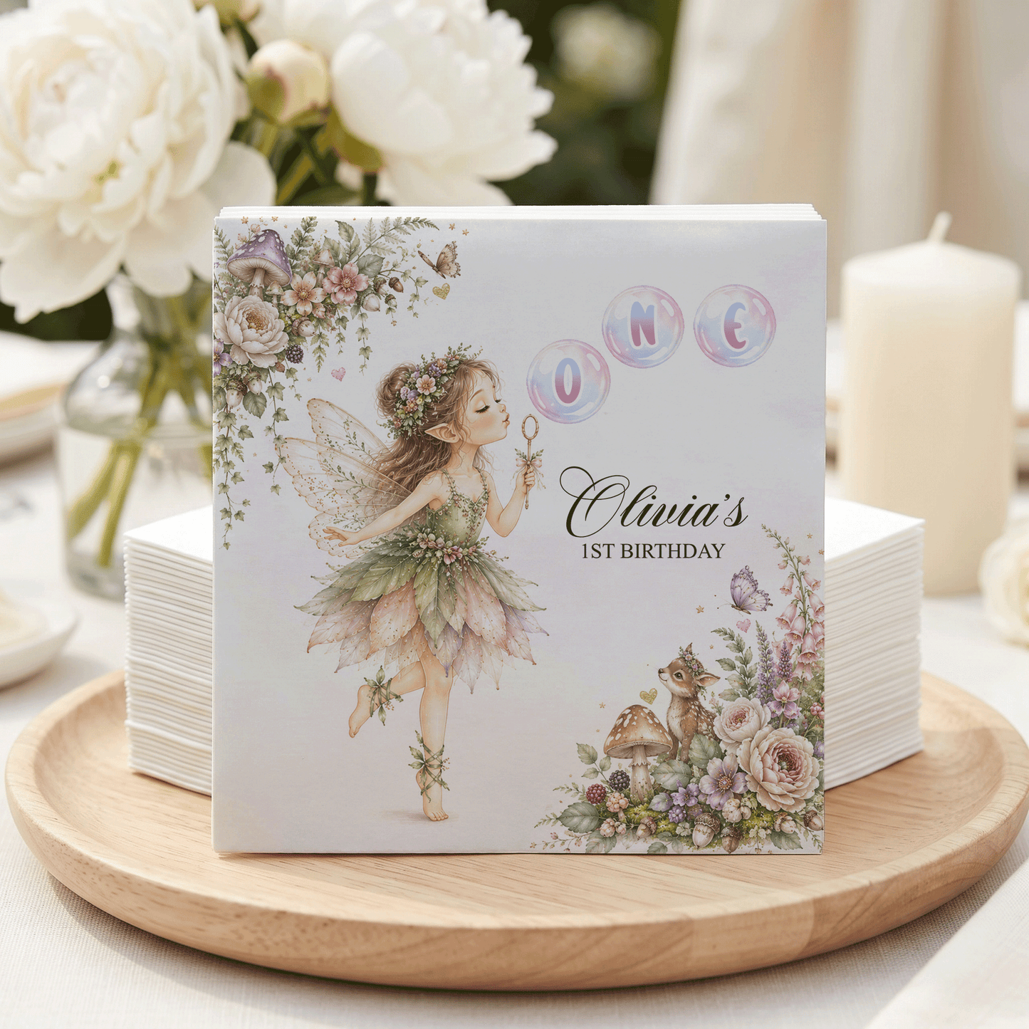 1st Birthday Woodland Fairy Napkins, Personalized Girl - Pretty Gifted