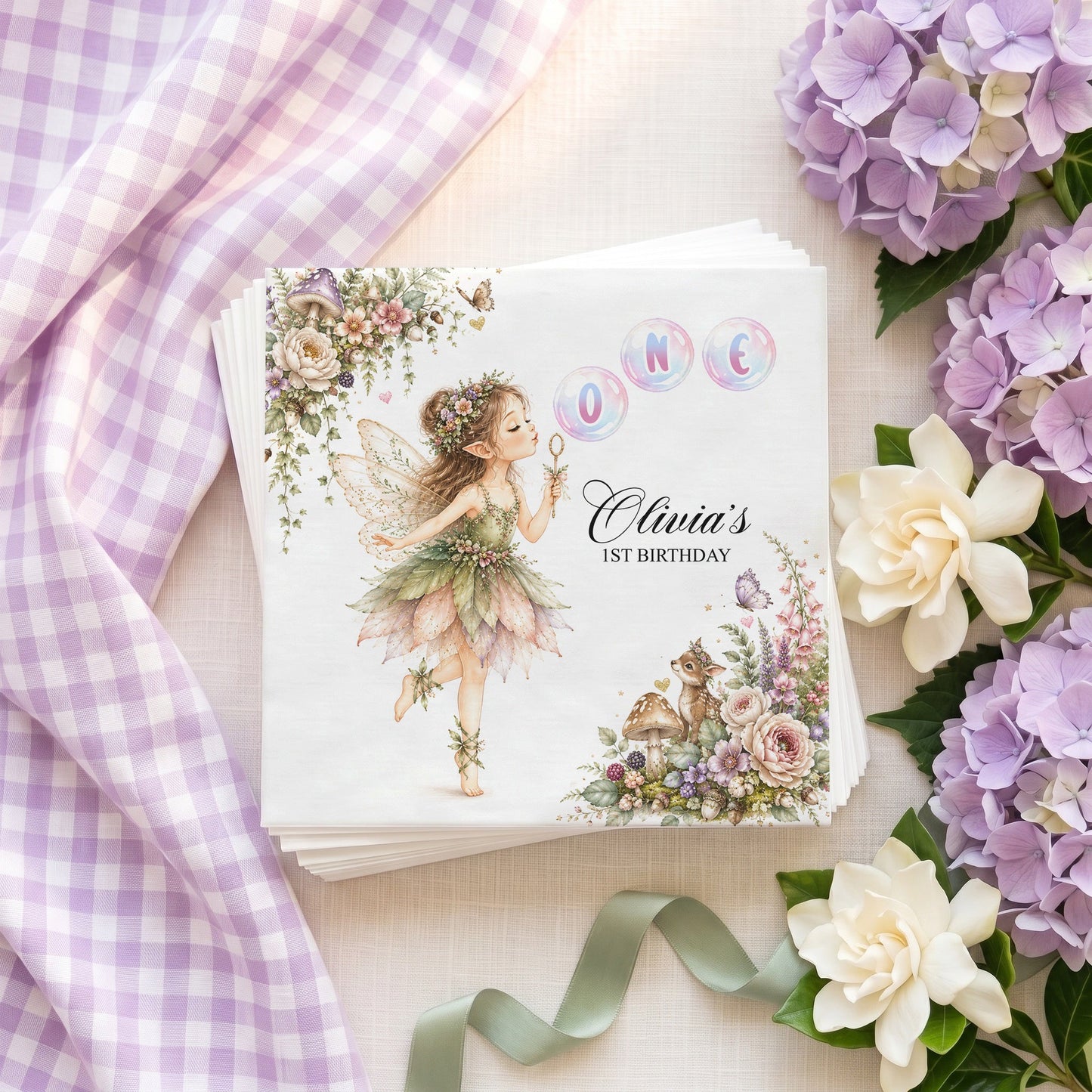 1st Birthday Woodland Fairy Napkins, Personalized Girl - Pretty Gifted
