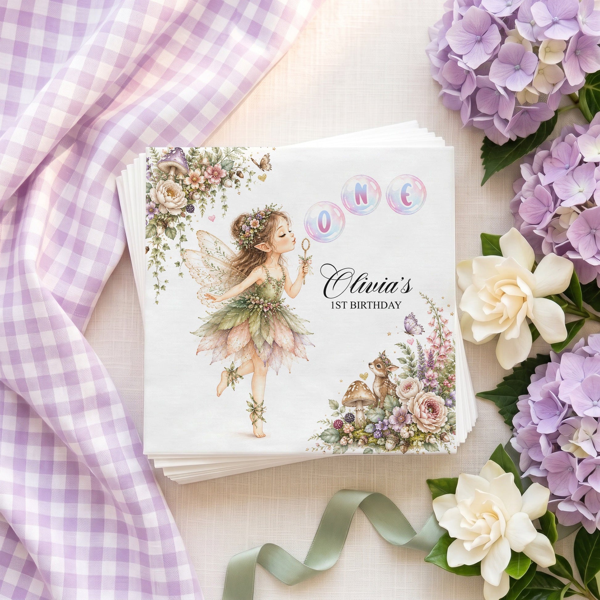 1st Birthday Woodland Fairy Napkins, Personalized Girl - Pretty Gifted