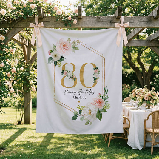 Personalized Milestone Birthday Backdrop, Blush Floral and Gold Geometric