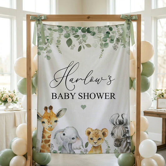 Personalized Safari Baby Shower Tapestry — Custom Name Jungle Animal Backdrop