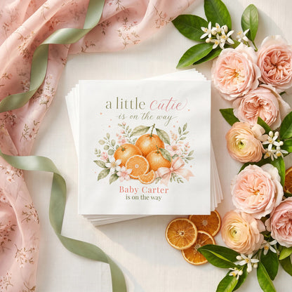 Orange Baby Shower Napkins, Pink Blossom Little Cutie Baby Girl