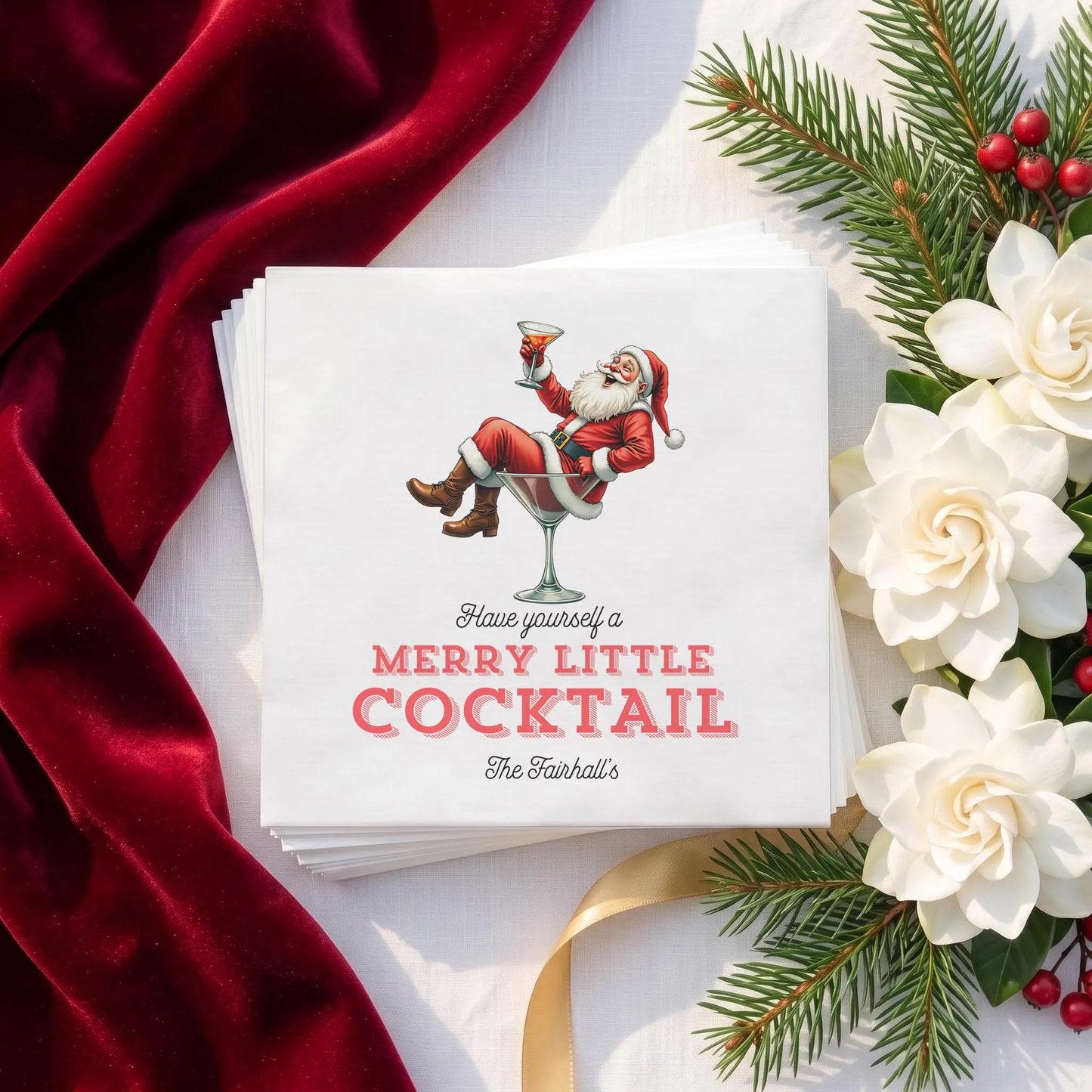 Merry Little Cocktail Santa Napkin | Christmas Cocktail Paper Napkin