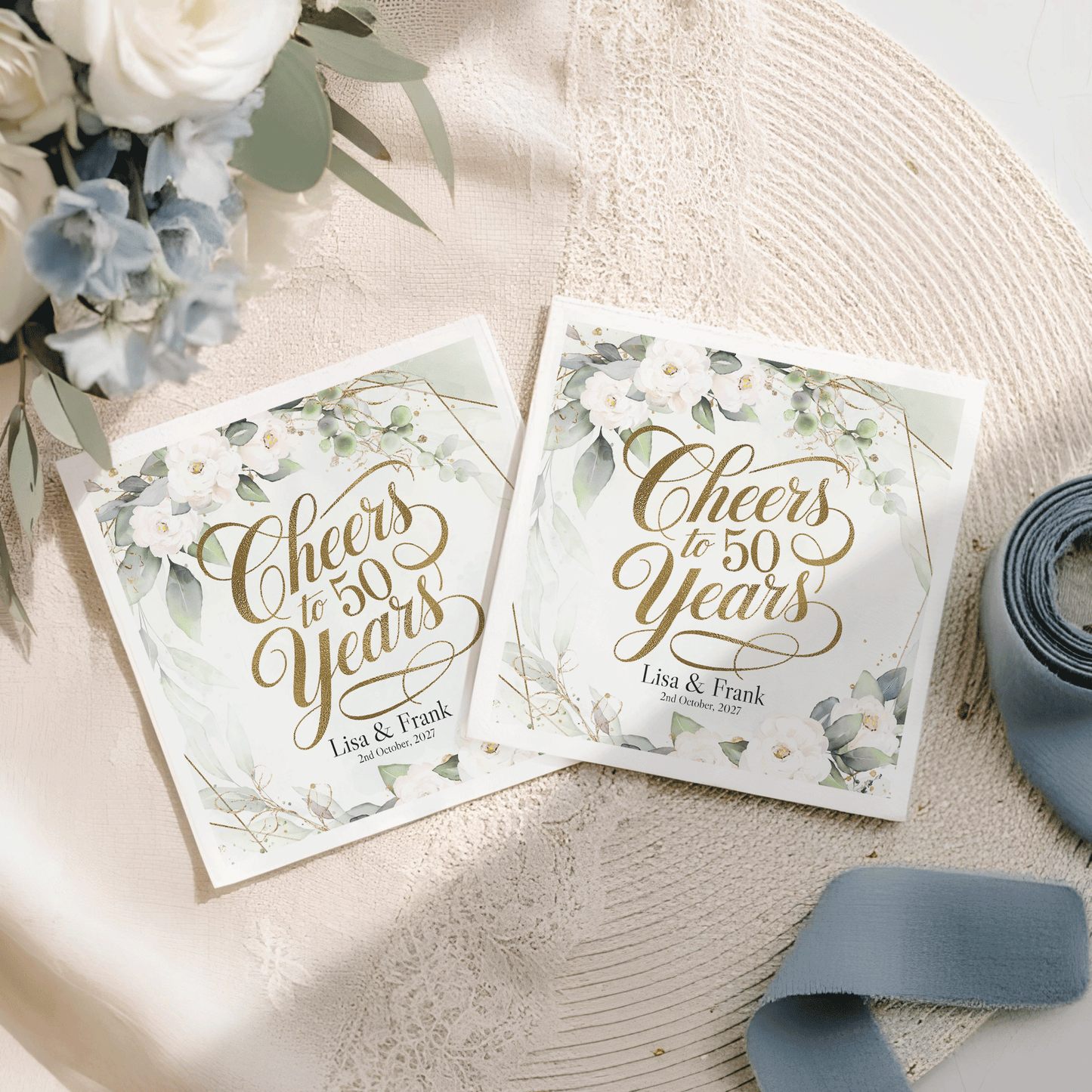 50th Anniversary Napkins, Personalized White Floral