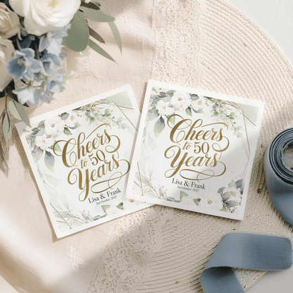 50th Anniversary Napkins, Personalized White Floral