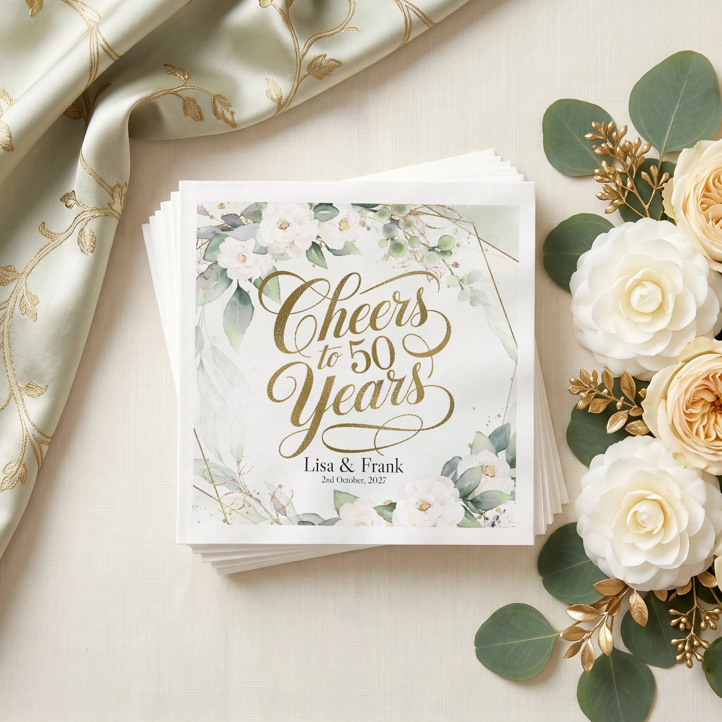 50th Anniversary Napkins, Personalized White Floral