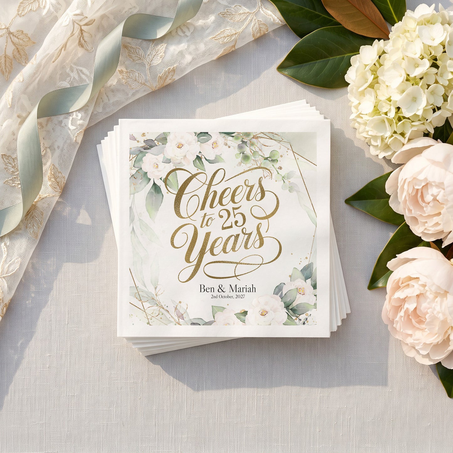 25th Wedding Anniversary Napkins, Personalized Floral