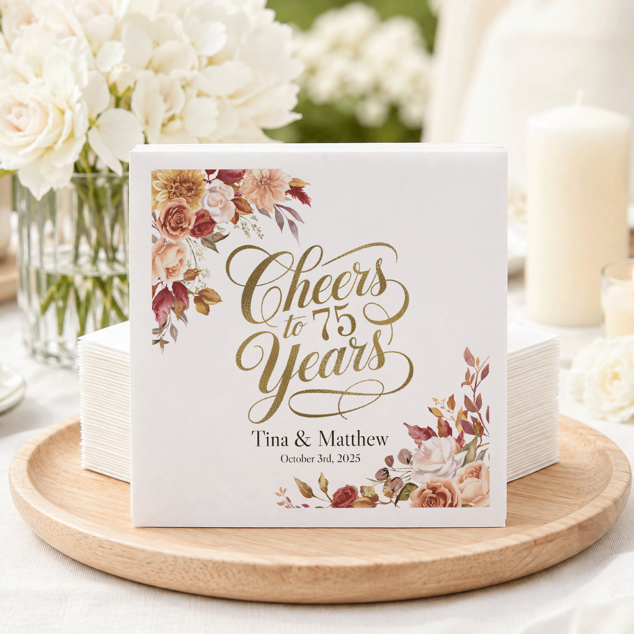 75th Anniversary Napkins, Personalized Autumn Floral