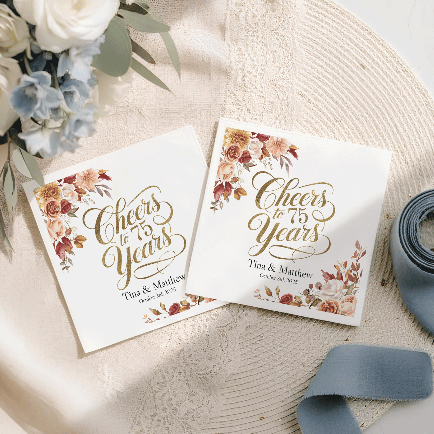75th Anniversary Napkins, Personalized Autumn Floral