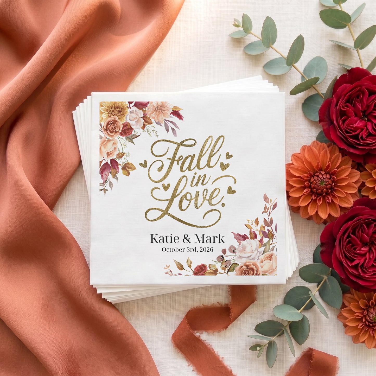 Fall in Love Wedding Napkins, Personalized Autumn Wedding