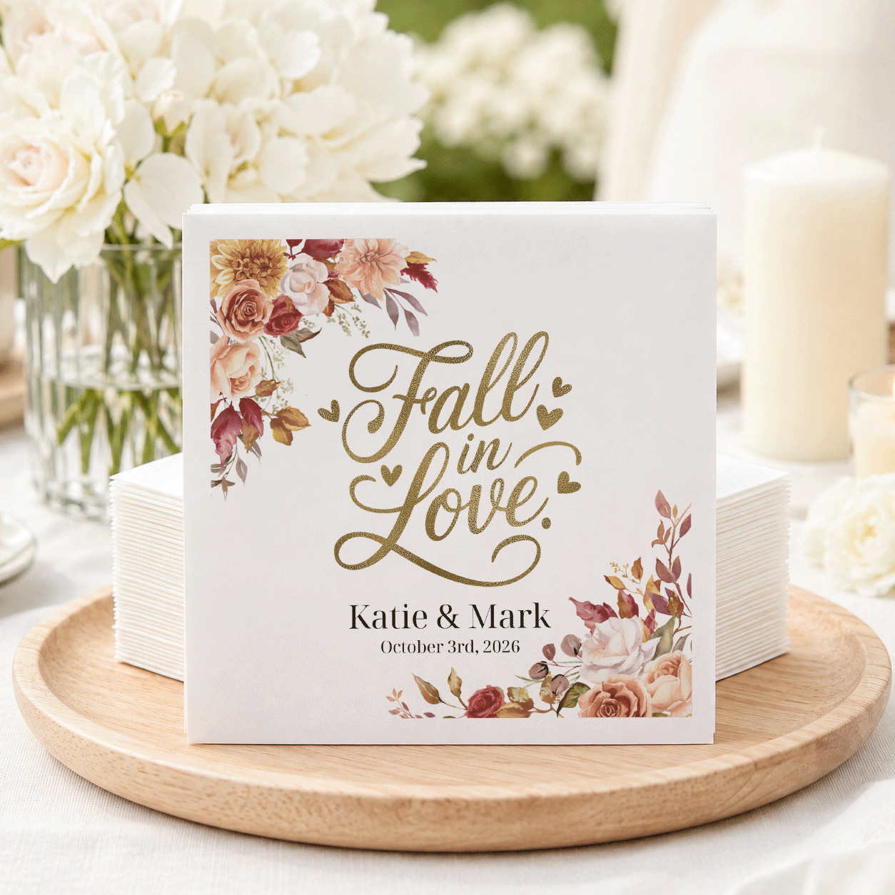 Fall in Love Wedding Napkins, Personalized Autumn Wedding