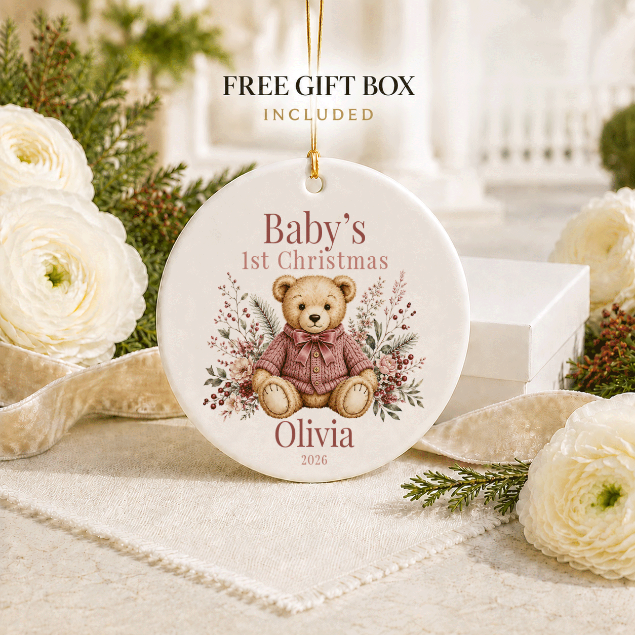 Pink Heirloom Teddy Baby Girl First Christmas Ornament