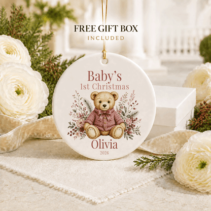 Pink Heirloom Teddy Baby Girl First Christmas Ornament