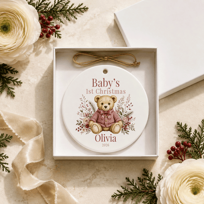 Pink Heirloom Teddy Baby Girl First Christmas Ornament