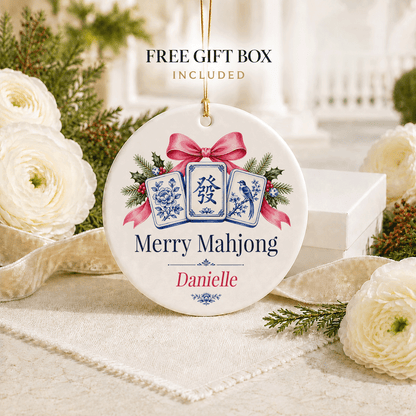 Personalized Mahjong Christmas Ornament, Blue and White
