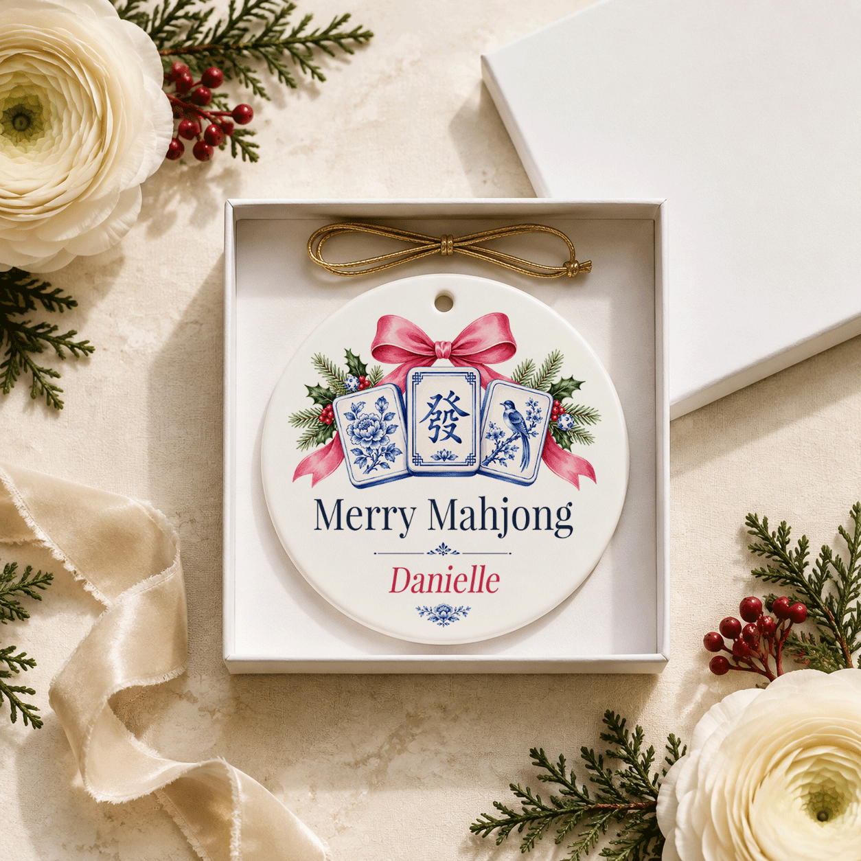Personalized Mahjong Christmas Ornament, Blue and White