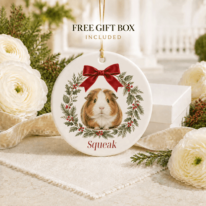 Personalized Guinea Pig Christmas Ornament, Botanical Wreath
