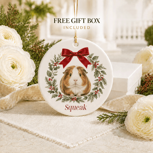 Personalized Guinea Pig Christmas Ornament, Botanical Wreath