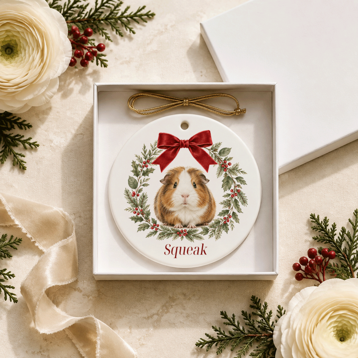 Personalized Guinea Pig Christmas Ornament, Botanical Wreath