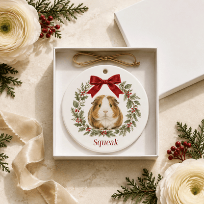 Personalized Guinea Pig Christmas Ornament, Botanical Wreath