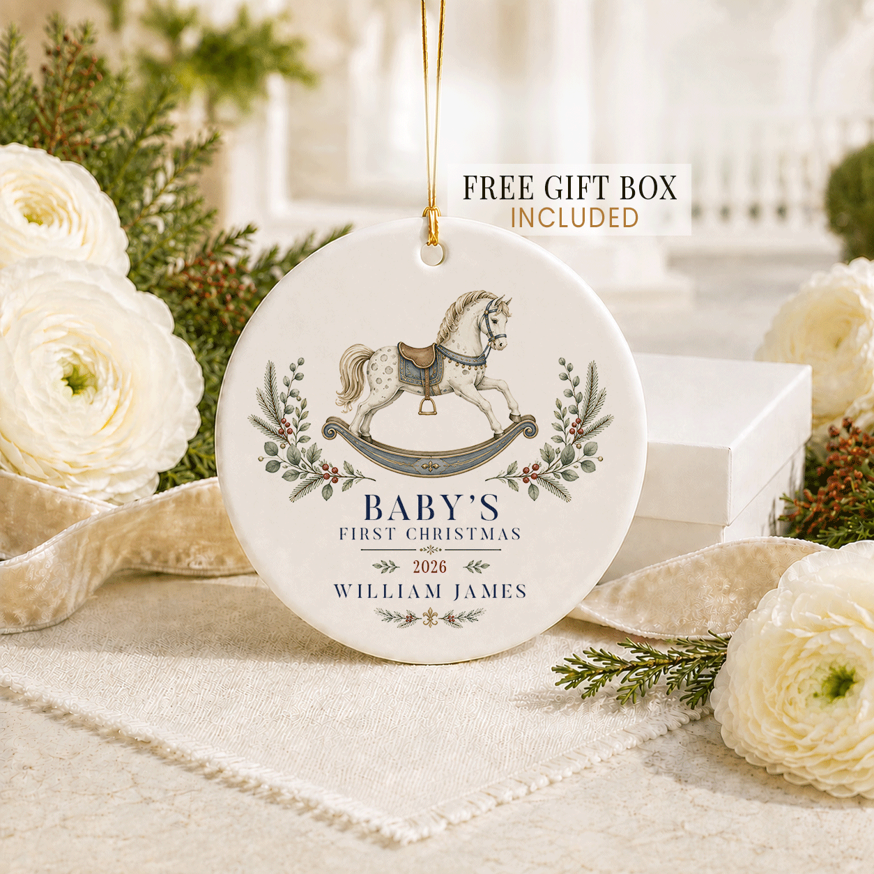 Personalized Baby Boy Rocking Horse Christmas Ornament