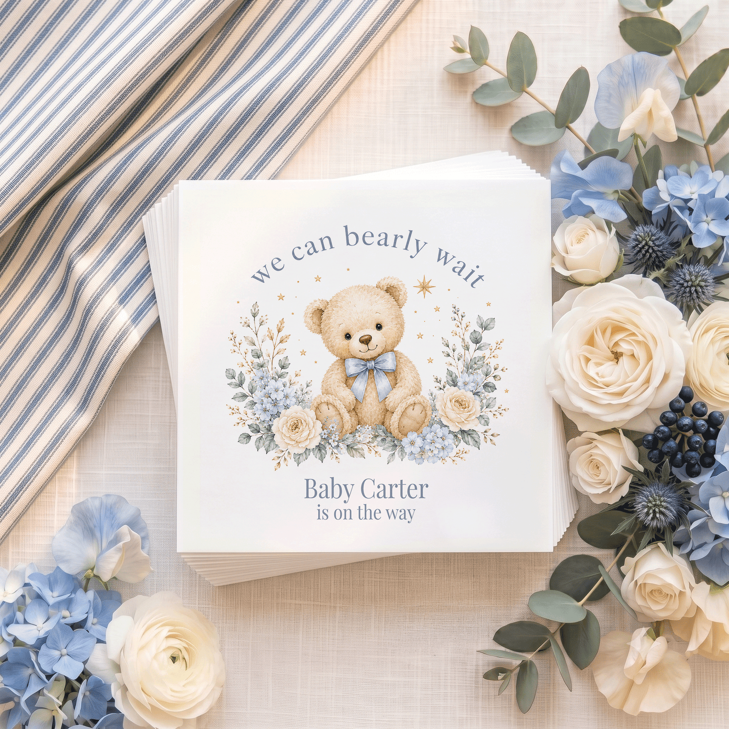Blue Floral Teddy Bear We Can Bearly Wait Baby Shower Napkins