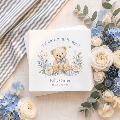 Blue Floral Teddy Bear We Can Bearly Wait Baby Shower Napkins