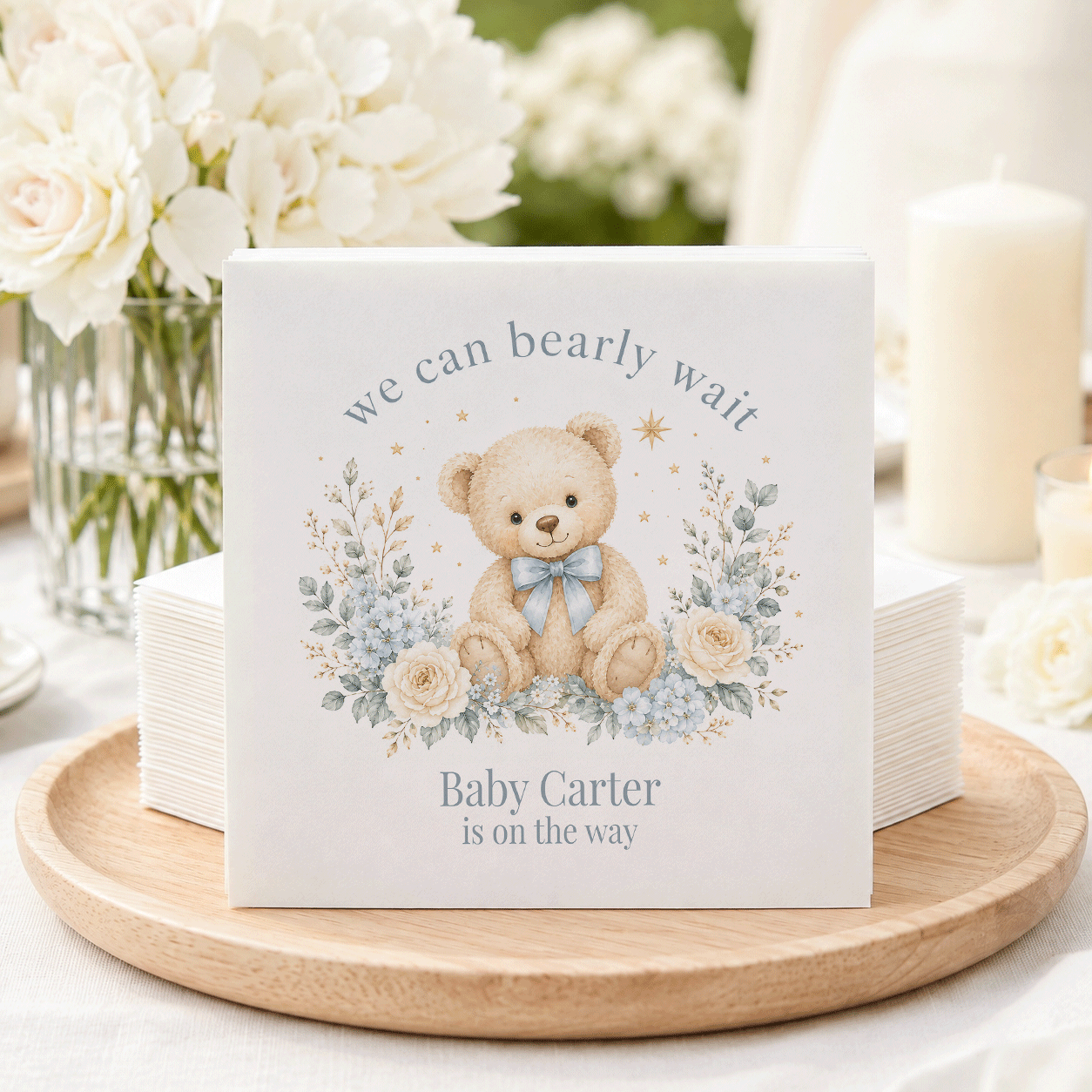 Blue Floral Teddy Bear We Can Bearly Wait Baby Shower Napkins