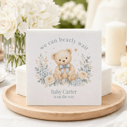 Blue Floral Teddy Bear We Can Bearly Wait Baby Shower Napkins