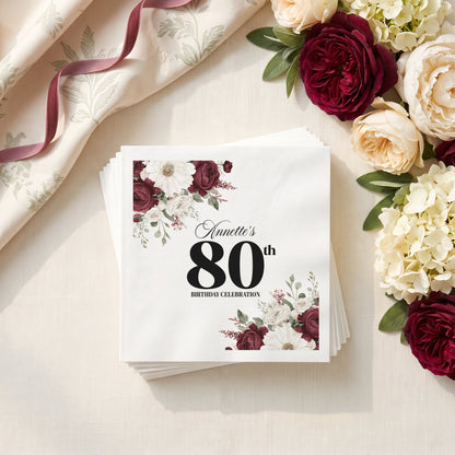 Burgundy Floral Personalized 80th Birthday Napkins