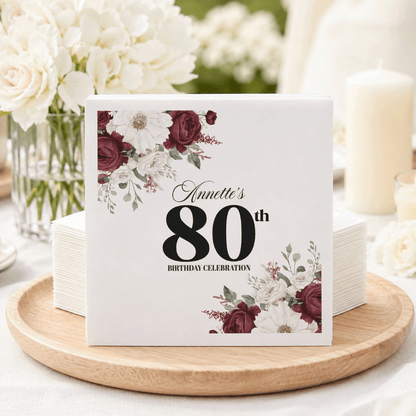 Burgundy Floral Personalized 80th Birthday Napkins