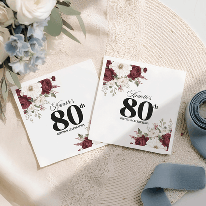 Burgundy Floral Personalized 80th Birthday Napkins