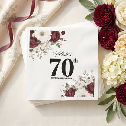 Burgundy Floral Personalized 70th Birthday Napkins