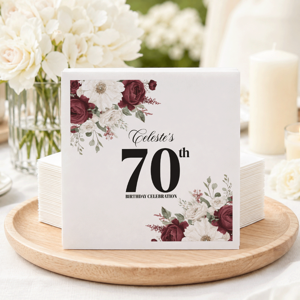 Burgundy Floral Personalized 70th Birthday Napkins