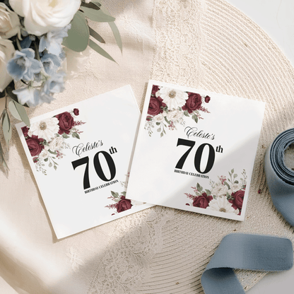 Burgundy Floral Personalized 70th Birthday Napkins