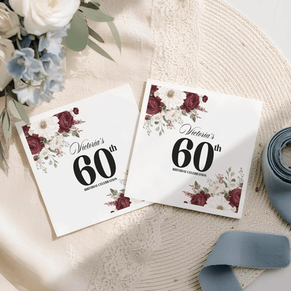 Elegant Burgundy Floral 60th Birthday Napkins