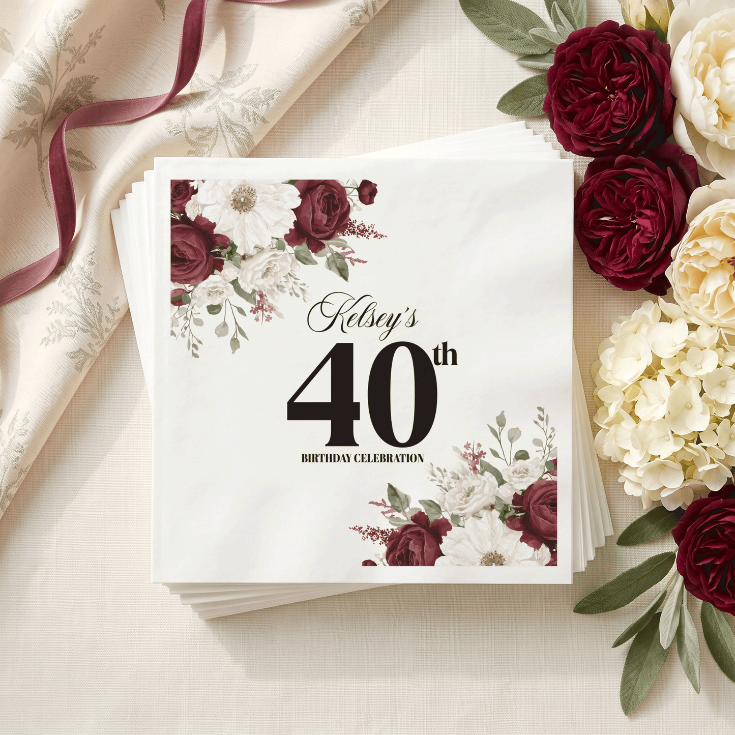 Wine Red Floral Personalized 40th Birthday Napkins