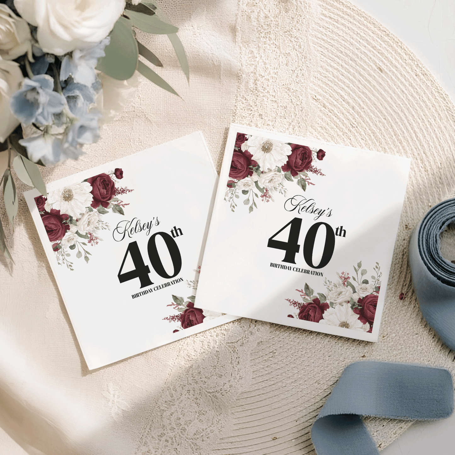 Wine Red Floral Personalized 40th Birthday Napkins