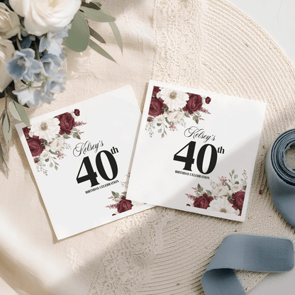 Wine Red Floral Personalized 40th Birthday Napkins