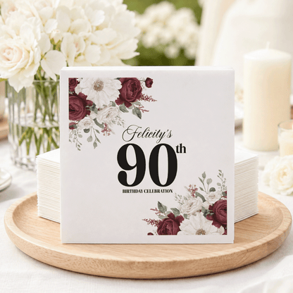Vintage Burgundy Floral 90th Birthday Napkins